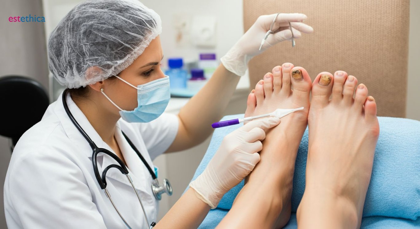 Close-up of toenails with early signs of nail fungus